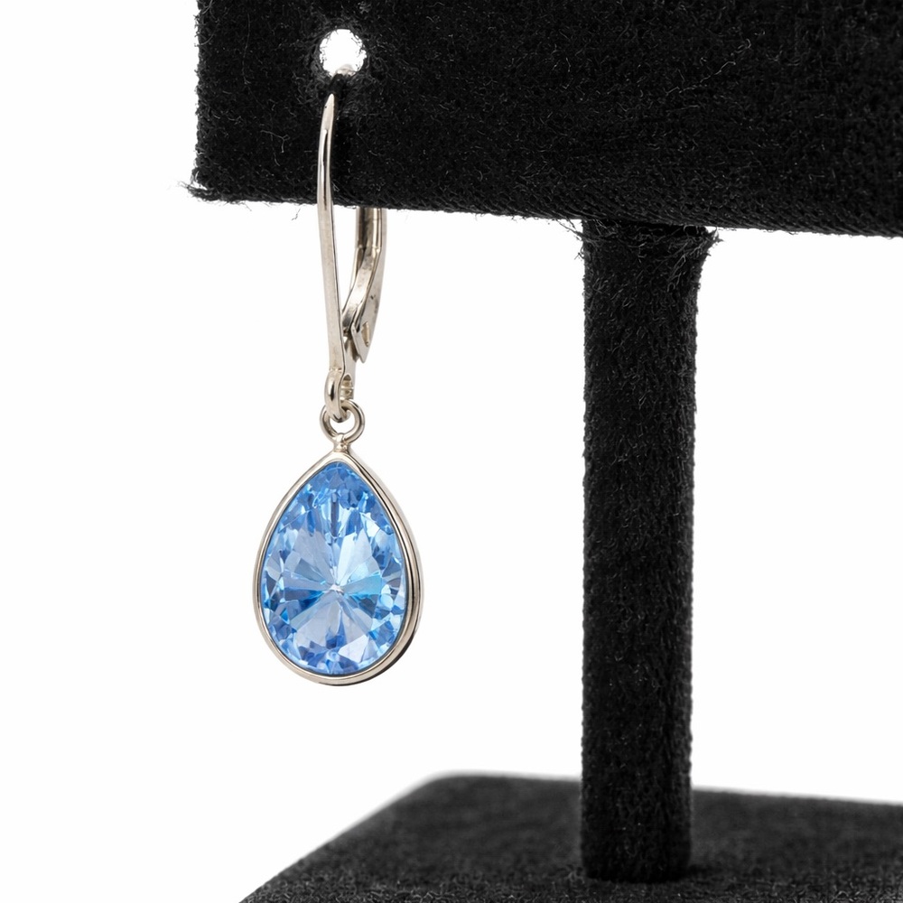 14K White Gold Blue Topaz Pear Bezel Leverback Earrings XRF Auth Fine Jewelry - Picture 6 of 12